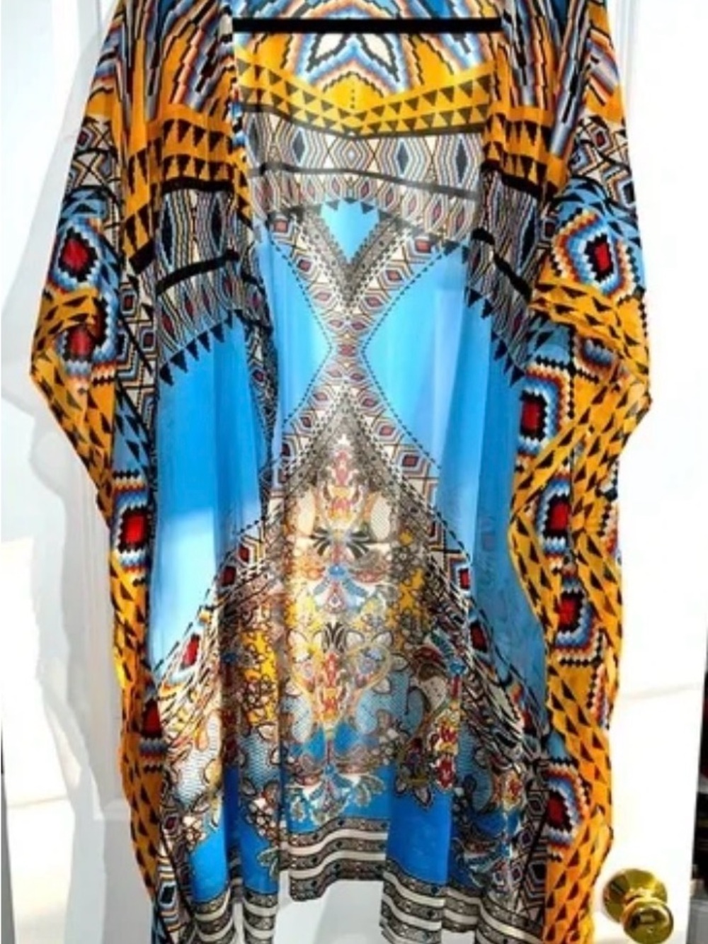 Patrons of Peace Blue & Mustard Printed Boho Kimono Tunic
